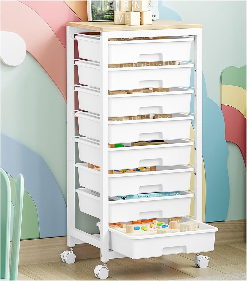 Rolling Cart with Drawers,8 Drawer Rolling Cart,Rolling Drawer Cart,Rolling Storage Drawer Cart,White Rolling Cart,Utility Cart with Drawers and Wooden Tabletop