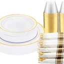 DaYammi 210PCS Gold Plastic Dinnerware Set Gold Plates Disposable Disposable Plates for Party Include: 30 Dinner Plates,30 Dessert Plates,30 Pre Rolled Napkins with Gold Silverware, 30 Cups for Wedding