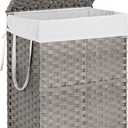 90L Laundry Hamper with Lid, Hand-Woven Pp Rattan Laundry Basket with Compartments & Handles, Removable Liner Bags,Foldable, Narrow Dirty Clothes Basket, Grey