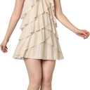 Women's Glitter Chiffon Tiered Halter Mini Dress with Open Back & Tie-Neck for Cocktail Party, Club Wear (Size 1, Champagne)
