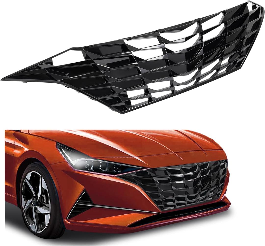HECASA Front Grille Compatible with 2021-2023 Hyundai Elantra w/o Adaptive Cruise Control Bumper Grill Plastic Painted Black