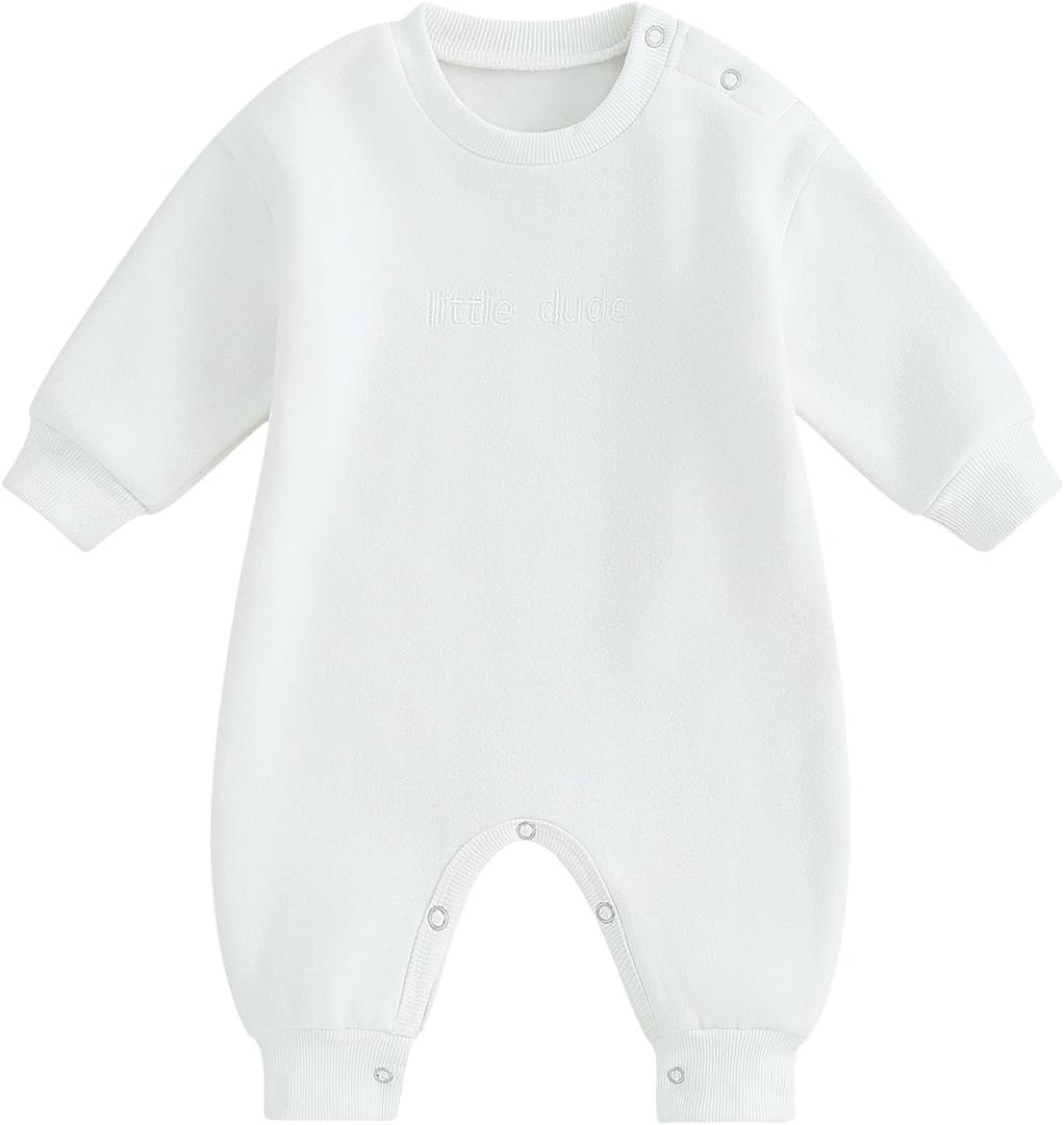 Allshope Newborn Baby Boy Fall Outfit Romper Little Dude Embroidery Long Sleeve Jumpsuit Bodysuit Infant Winter Clothes (12-18 Months, White)