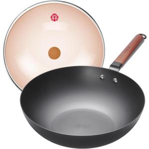 WANGYUANJI 12.6" Carbon Steel Wok Pan with Lid, Lightweight Stir Fry Pan with Flat Bottom, Induction Compatible Chinese Cookware for Electric, Gas & Glass Top Stoves, No Coating, 2.5lb