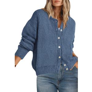 PRETTYGARDEN Long Sleeve Crewneck Button Down Womens Sweaters Spring Open Front Chunky Cardigan Sweaters for Women 2026 (Medium, Grey Blue)