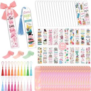83PCS Bookmark Making Kit, 20 Acrylic Bookmark Blanks(3mm Thick) with 20Pcs Book Lover UV DTF Sticker 20Pcs Tassels and 3 Rolls Chiffon Silk Ribbon, Clear Acrylic Bookmarks Set for DIY Crafts Gifts