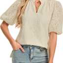 Women's V Neck Blouses Dressy Casual Puff Short Sleeve Shirts Hollow Summer Tops Business Women, L (White)