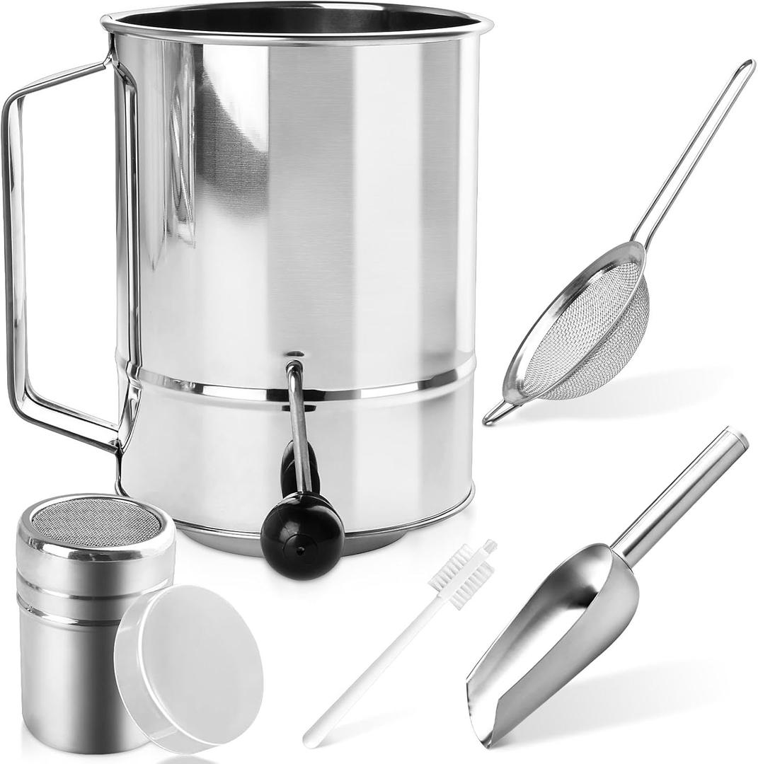 5 in 1 Flour Sifter Set, 5 Cup Stainless Steel Flour Sifter with Powdered Sugar Shaker Duster,Mesh Strainer,Metal Scoop,Cleaning Brush,Rotary Hand Crank Sifter for Baking,Dessert,Kitchen