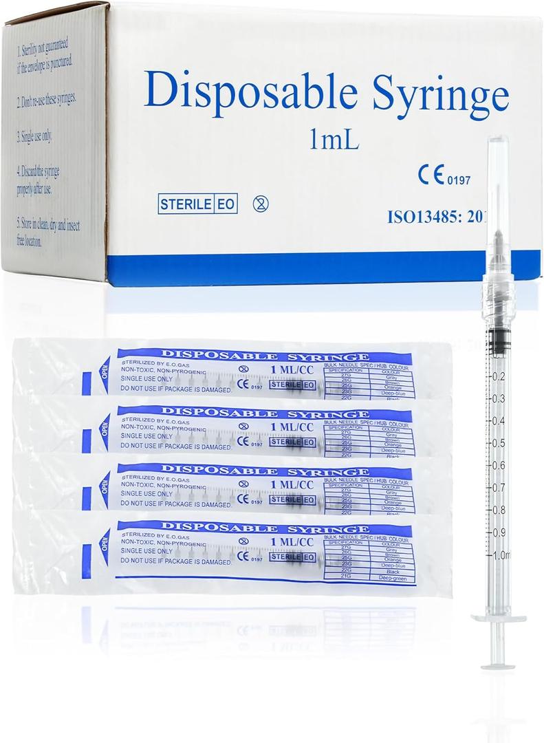 100 Pack 1ml 27G 0.5-Inch Luer Lock Science Lab Syringe, Individually Sealed for Labs, Liquid Measuring, and Dispensing