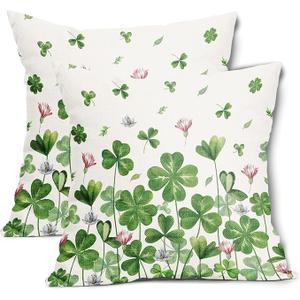 St Patricks Day Pillow Covers 20x20 Inch Set of 2 Irish Shamrock Clover Green Pink Floral Cotton Linen Decorative Throw Pillow Case Saint Patricks Day Cushion Covers for Bedroom Sofa Living Room Decor