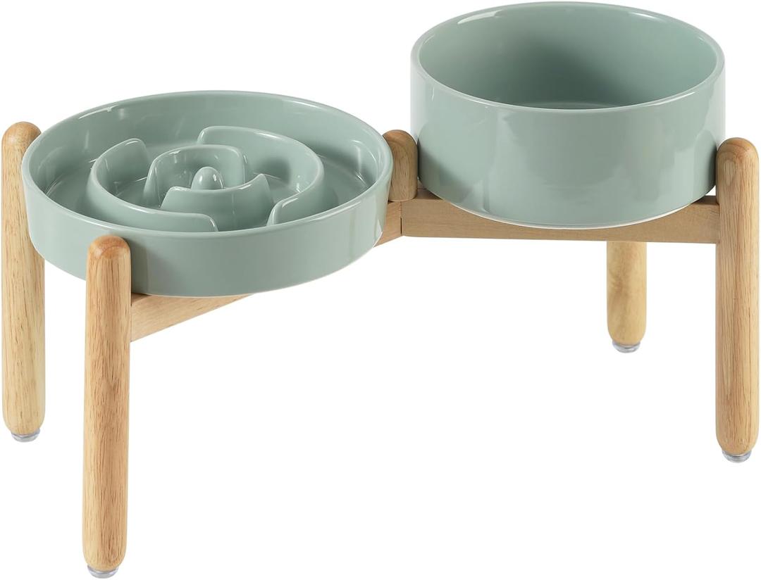 Havniva Ceramic Raised Slow Feeder Dog Bowl Set, Elevated 7.3inch Bowl and 8.2inch Puzzle Slow Dish with Wooden Stand for Medium and Large Dog, Anti-Gulping (2X Light Green+ Stand)