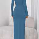 BTFBM Formal Dresses for Women 2026 Spring Long Sleeve Mock Neck Ruched Bodycon Slit Maxi Wedding Guest Dress Cocktail (Blue, XL)