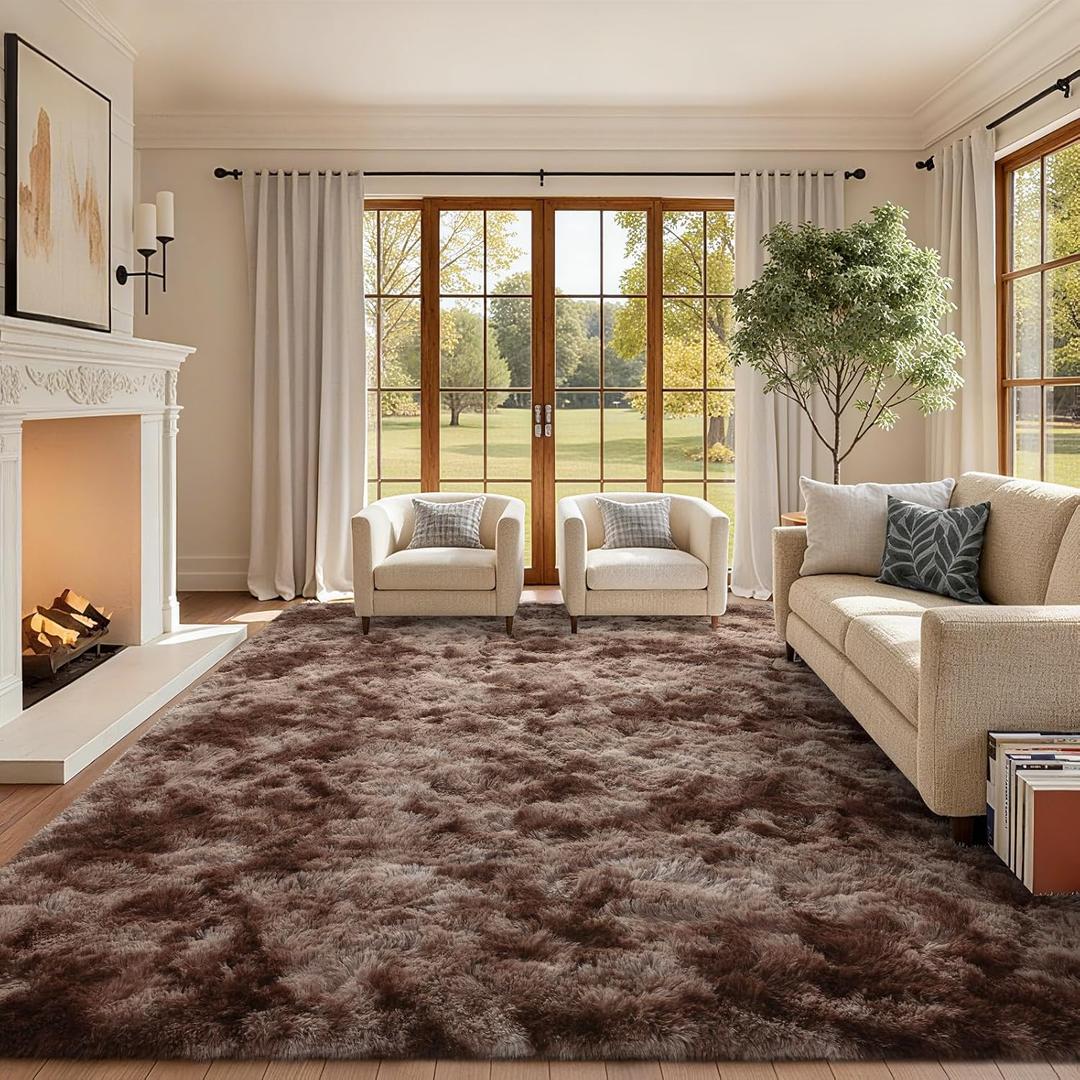 10x14 Ft Extra Large Shag Brown Area Rug for Living Room, Tie-Dyed Ultra Soft Fluffy Furry Rugs for Bedroom Indoor Floor, Aesthetic Carpet for Kids Home Decor (Coffee)