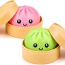 2 Pcs Mystery Pink Green Dumpling Squishies with Steamer Box,Soft Stretchy Bao Bun Stress Relief Balls,Sensory Fidget Squeeze Toys for Anxiety Relief,Decompression Desk Toys