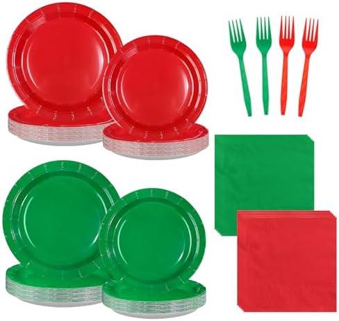 Greencian 96 Pcs Red and Green Party Decorations Graduation Red and Green Paper Plates and Napkins Disposable Tableware Set for Congrats Grad Holiday Birthday Party Supplies Serves 24
