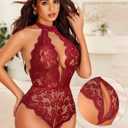 Avidlove Lingerie for Women Halter Lace Bodysuit V Neck Teddy One Piece Babydoll Nightgown (Red, XL)