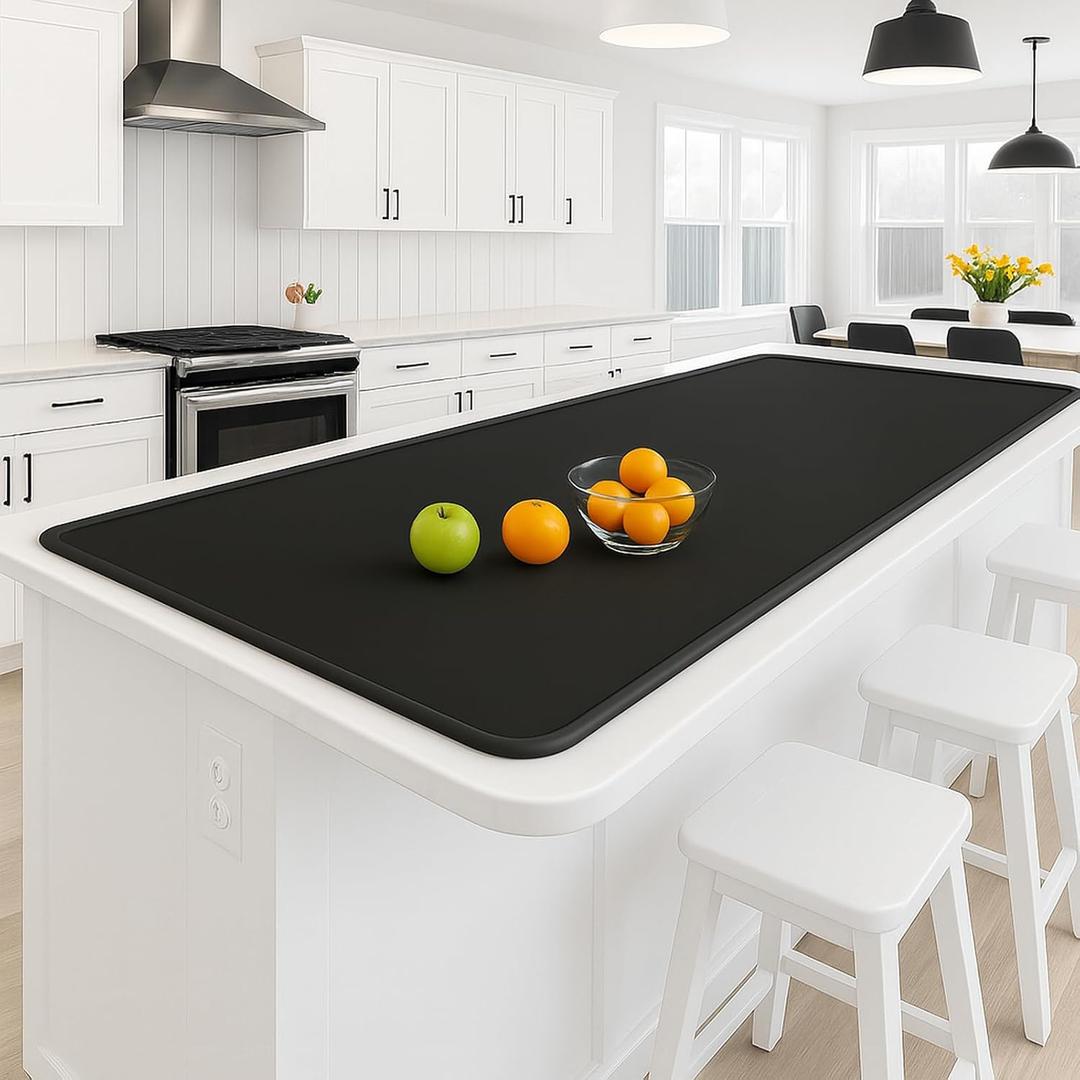 Silicone Mat 35.4"x23.6" Silicone Mats for Kitchen Counter Heat Resistant Mats for Countertop, Countertop Protector Mat, Edge Heightening Nonstick Waterproof Multipurpose Table Mat (Black)