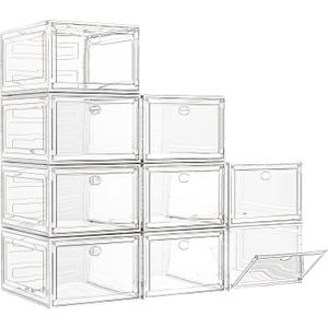 7 code Large Clear Shoe Boxes OrganizerThicker Material Stronger Shoe Box with Magnetic Door, Stackable Shoe Storage Box for Closet, Foldable Space-Saving Storage Bins Shoe Cabinet, White 9 Pack