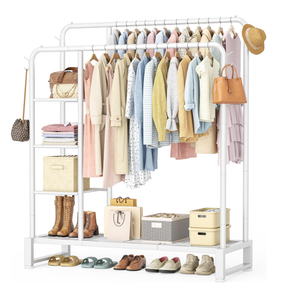 Double Rods Clothes Rack Clothing Rack with 4 Tier Storage Shelves Clothes Rack for Hanging Clothes Multifunctional Heavy Duty Clothes Organizer with Hooks for Bedroom,Wardrobe Closet,Shop, White