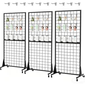 3-Pack 2'x5.5' Ft Gridwall Panel Display Stands Heavy Duty Floor Standing Retail Display Rack with Triangle Base for Retail Art Show with 20 Hooks