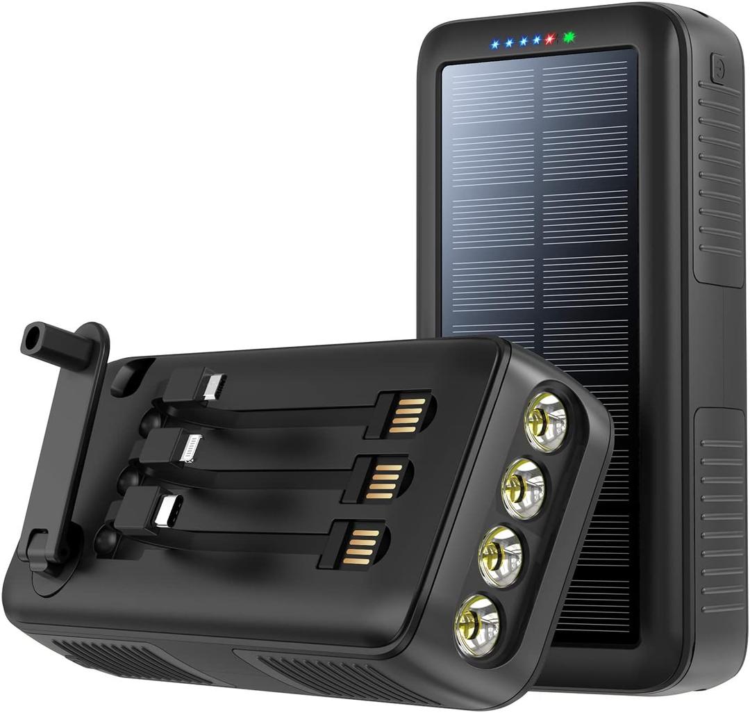 Solar Charger Power Bank 63200mAh, Portable Charger with Dual Outputs & Dual Inputs 4 LEDs Flashlight, Hand Crank Power Bank Fast Charging Battery Pack for Outdoor Camping Survival Gear (Black)