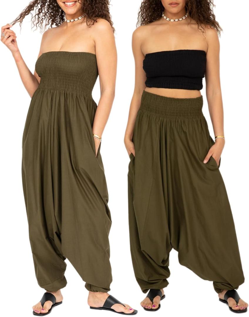 likemary Harem Pants Women Jumpsuit 2-in-1 Strapless Romper Converts into Comfy Boho Balloon Pants with Pockets One Size (Green, S)