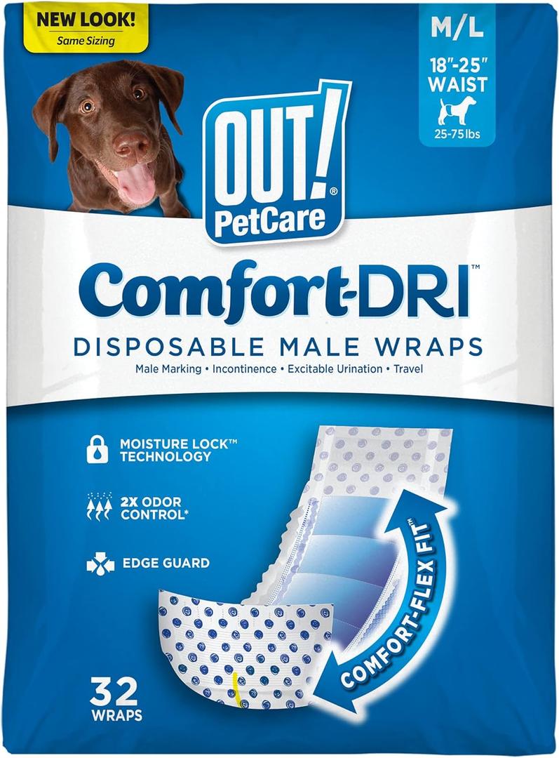 OUT! PetCare Disposable Male Dog Wraps, Puppy Pee Wraps, Belly Bands for Dogs, Leak Proof, Wetness Indicator, Puppy and Doggie Diaper for Peeing, Medium/Large, 32 Count