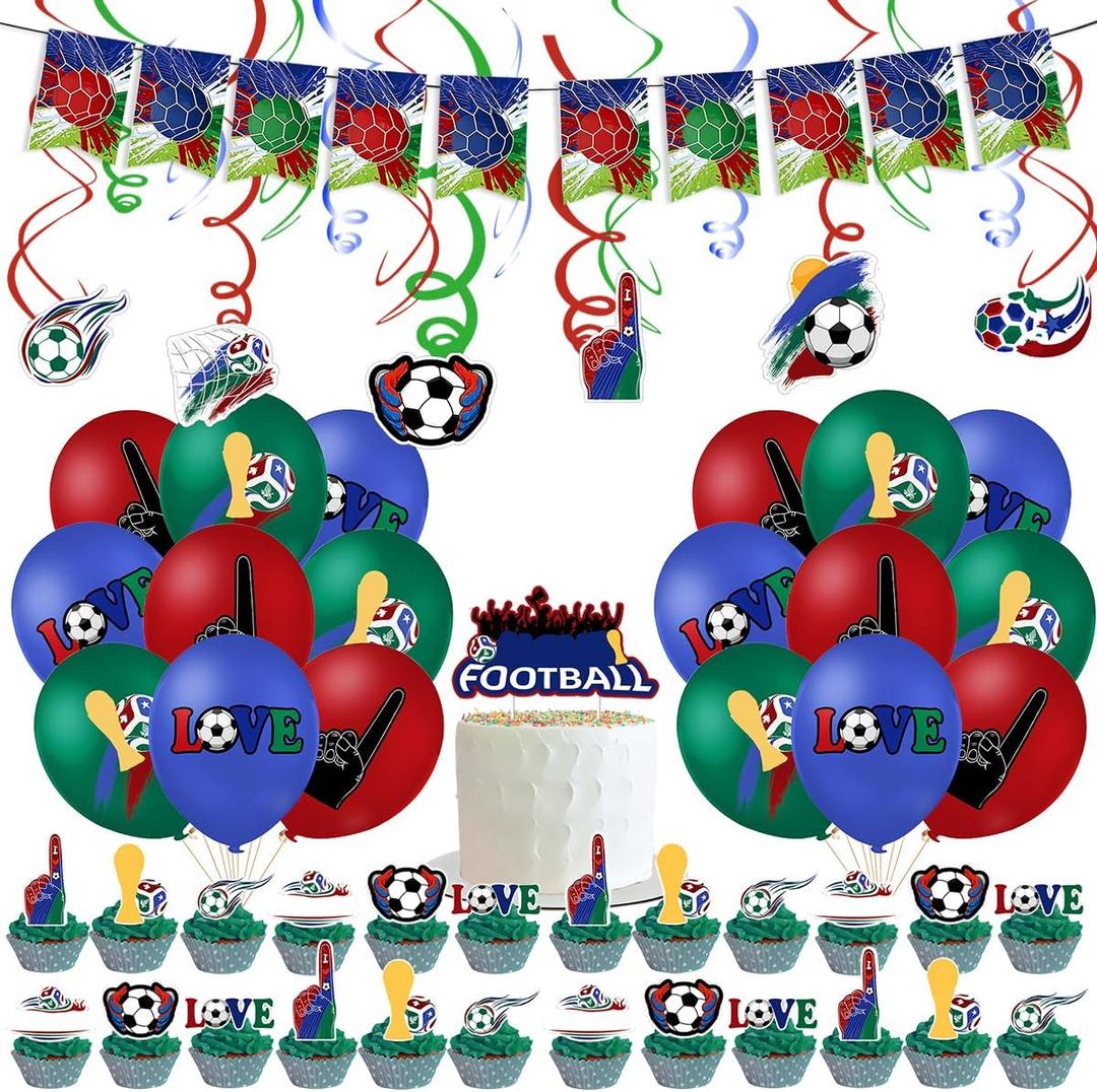 Soccer Birthday Party Supplies Kit, Soccer Theme Banner, Balloons, Swirls, Cake Toppers for Boy Decorations