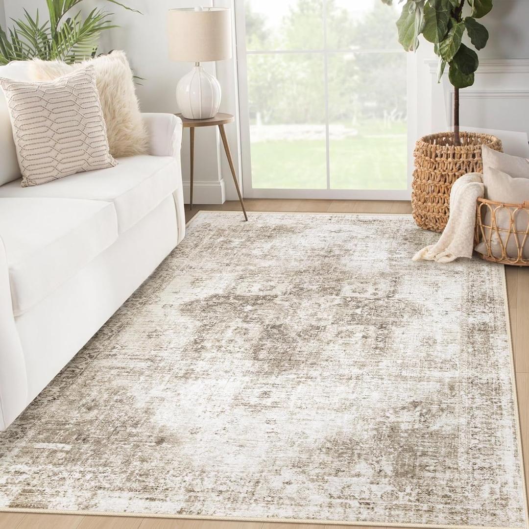 Area Rug 3x5 Washable Rug, Vintage Boho Medallion Entryway Rug Non-Slip Soft Low Pile Small Distressed Floor Carpet Retro Doormat for Kitchen Bedroom Laundry Bathroom Hallway (Taupe, 3'x5')