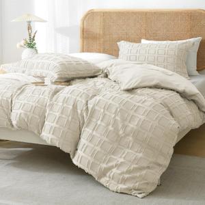 MILDLY Beige Tufted Duvet Cover - Queen Size Beige Waffle Weave Duvet Cover Set 3PCS 100% Washed Microfiber Soft & Breathable Textured Comforter Cover Set with Zipper Closure Corner Ties