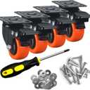 2" Caster Wheels Set of 4, Heavy Duty Casters with Brake, No Noise Locking Casters with Orange Polyurethane (PU) Wheels, Swivel Plate Castors Pack of 4