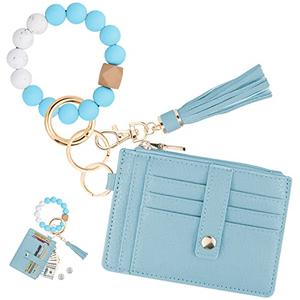 KNGITRYI Wallet Keychain Wristlet for Women,Slim RFID Credit Card Holder Purse Tassel Keychain Bangle Key Ring for Men Women(Light Blue)