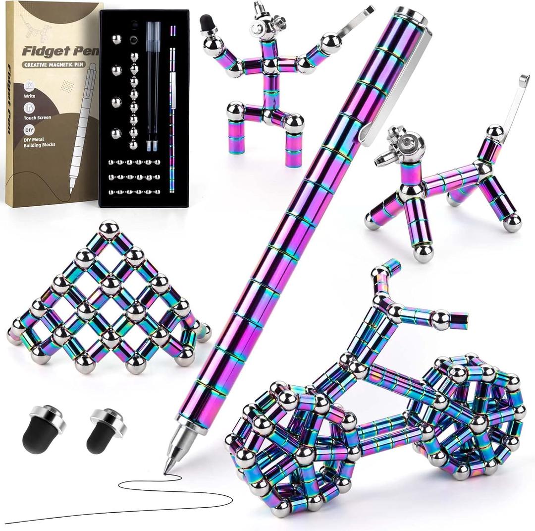 Juboury Upgraded 55 PCS Magnetic Fidget Pen Set, DIY Deformable Magnet Toy Pen with 30 Steel Balls, Multi-Functional Writing & Stylus Gel Pen with 5 Refills, Novelty for Teens Men Adults