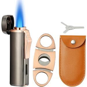 420 Carbon Steel Cutter and Torch Lighter Set, Built-in Punch, Triple Jet Flame Butane Lighter, Refillable Windproof Gas Lighter. Grey. (Sold Without Gas)