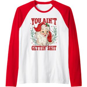 Retro You Ain't Getting Shit Funny Santa Christmas Raglan Baseball Tee, White/Red, Medium 