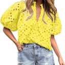 BETTE BOUTIK Women's Long Short Sleeve Tops 2025 Dressy Casual Button Hollow Out Lace Embroidered Blouses Shirts (Yellow)