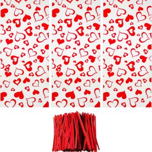 Boao 100 Pieces Valentine's Day Cellophane Treat Bags, Clear Goodies Bags with 150 Pieces Twist Ties for Valentine's Day Party Supplies