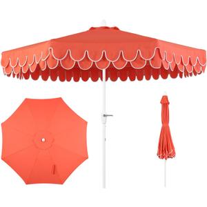 JONATHAN Y UMB1002F Tracy 9 ft. Classic MidCentury Scalloped Fringe Market Patio Umbrella with Auto-Tilt Crank, Wind Vent and UV Protection in Coral Red/White, White Pole, 107 inches diameter and 99 inches height