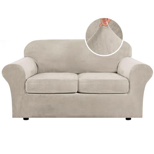 H.VERSAILTEX Real Velvet Plush 3 Piece Stretch Sofa Covers Couch Covers for 2 Cushion Couch Loveseat Covers Width Up to 72 Inch Feature Thick Soft Stay in Place (Medium Sofa, French Oak)