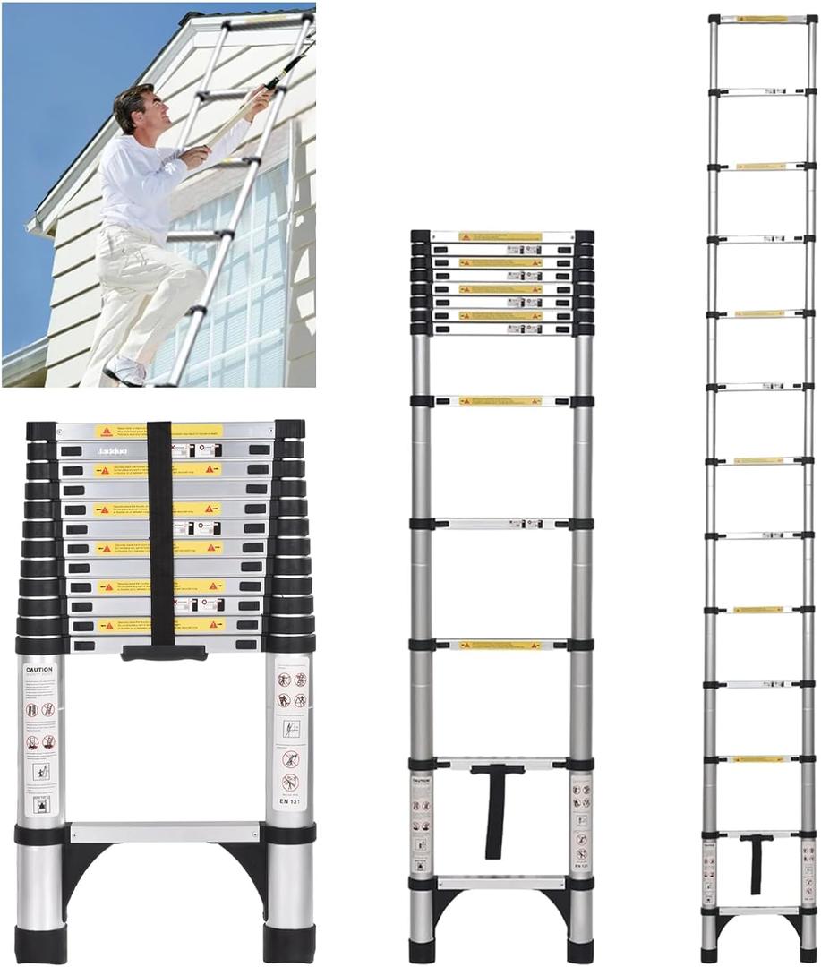 JADDUO 12.5FT Telescoping Ladder Aluminum Lightweight Extension Ladder with 2 Triangle Stabilizers Compact Collapsible Ladder for Travel, Home & RV (3.8m ladder)
