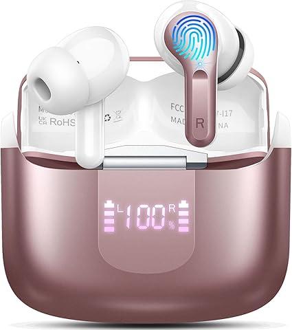 Wireless Earbud Bluetooth 5.4 Headphones, Hi-Fi Stereo Ear Buds with 4 ENC Cancelling Mics, 40H in-Ear Earphones IP7 Waterproof Sports, LED Display, Mini Headset for Laptop Pad TV Phones Rosegold