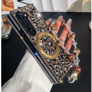 for Samsung Galaxy Z Fold 7 Bling Case [Compatible with MagSafe] Luxury Fashion Glitter Diamond Gemstone Cute Leopard Pattern Slim Magnetic Phone Cover with Crystal Wrist Strap,Gold
