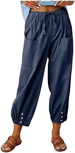 Women's Capri Pants High Waist Drawstring Cinch Bottom with Button Cotton Loose Casual Trouser with Pockets, L, Dark Blue