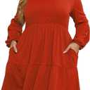Celkuser Plus Size Casual Dresses for Curvy Womens Long Sleeve V Neck Babydoll Tiered Flowy Dress with Pocket (Red)