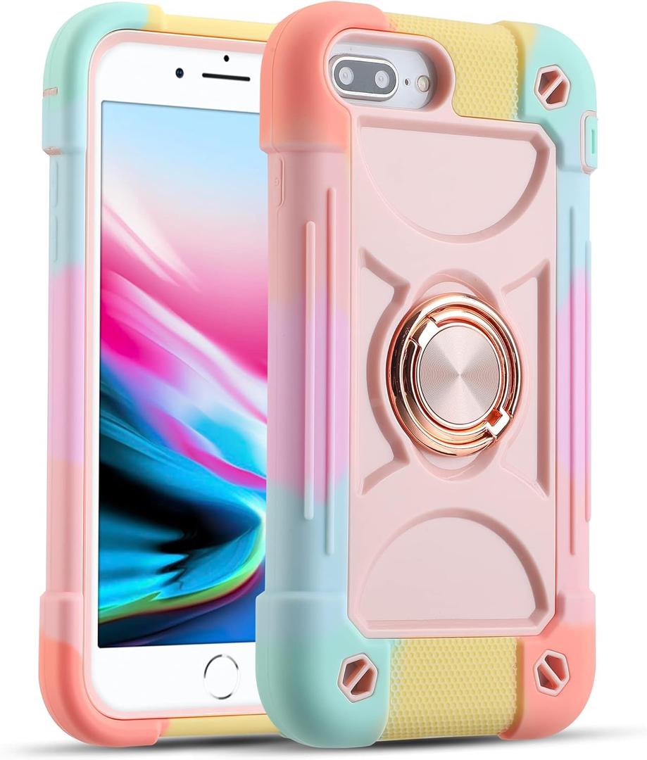 MARKILL Case for iPhone 6 Plus/8 Plus, 5.5 Inch with Ring Stand, Heavy-Duty Military Grade Shockproof Phone Cover (Rainbow Pink)