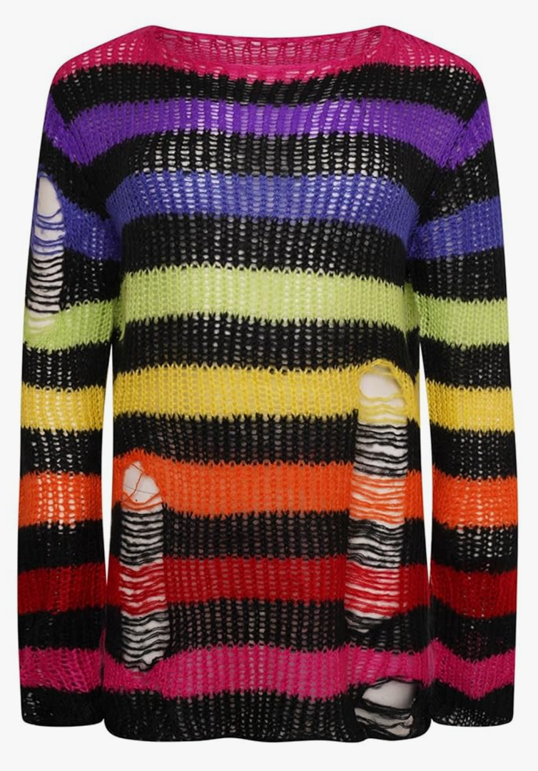 Ro Rox Gothic Knitted Jumper with Distressed Look - Oversized Pullover with Ripped Design, Long Sleeves, Loose Fit, 90s Grunge Style Stripe Pattern, Multicolor, XL