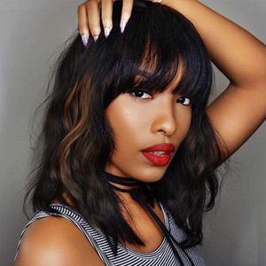 Black Mixed Brown 14 Inch Short Wavy Curly Hair Wigs with Bangs - Shoulder Length Synthetic Heat Resistant Wigs for Black Women