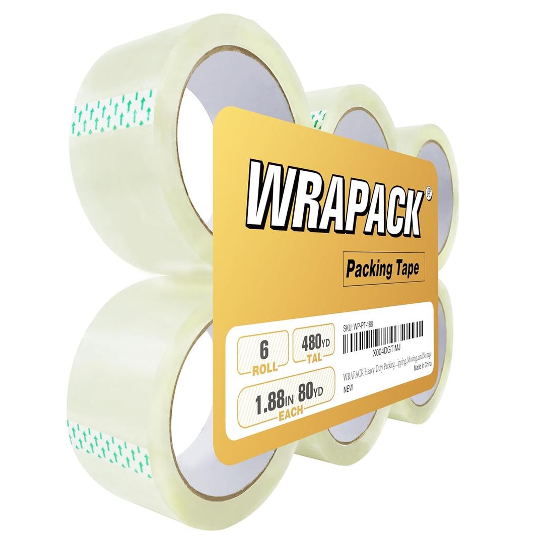 Packing Tape Refills, Clear Packaging Tape, 6 Rolls, 1.88'' Wide, 80 Yards Each - Heavy Duty Shipping Tape Refill for Moving, Mailing and Storage, Strong Adhesive