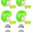 4 Pack Colored Wigs Neon Colorful Wig Short Bob Hair Wig Neon Fun Party Wig Costume Wigs with Heart Sunglasses(Green)