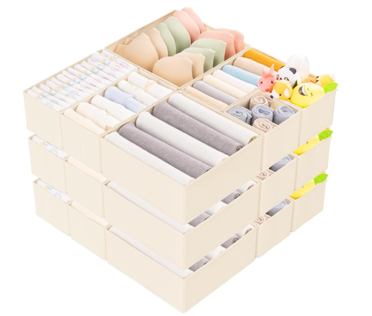 Criusia 15 Pack Drawer Organizer for Clothes, Foldable Dresser Dividers with 3 Sizes, Fabric Storage Bins – Beige