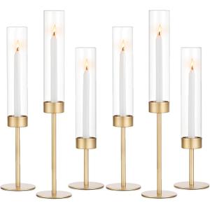 Glass Hurricane Candlestick Holders Gold - Romadedi Set of 6 Taper Candle Holder Bulk Tall Clear Glass Cylinder Table Centerpiece Wedding Decor Party Birthday Christmas Home Decorations